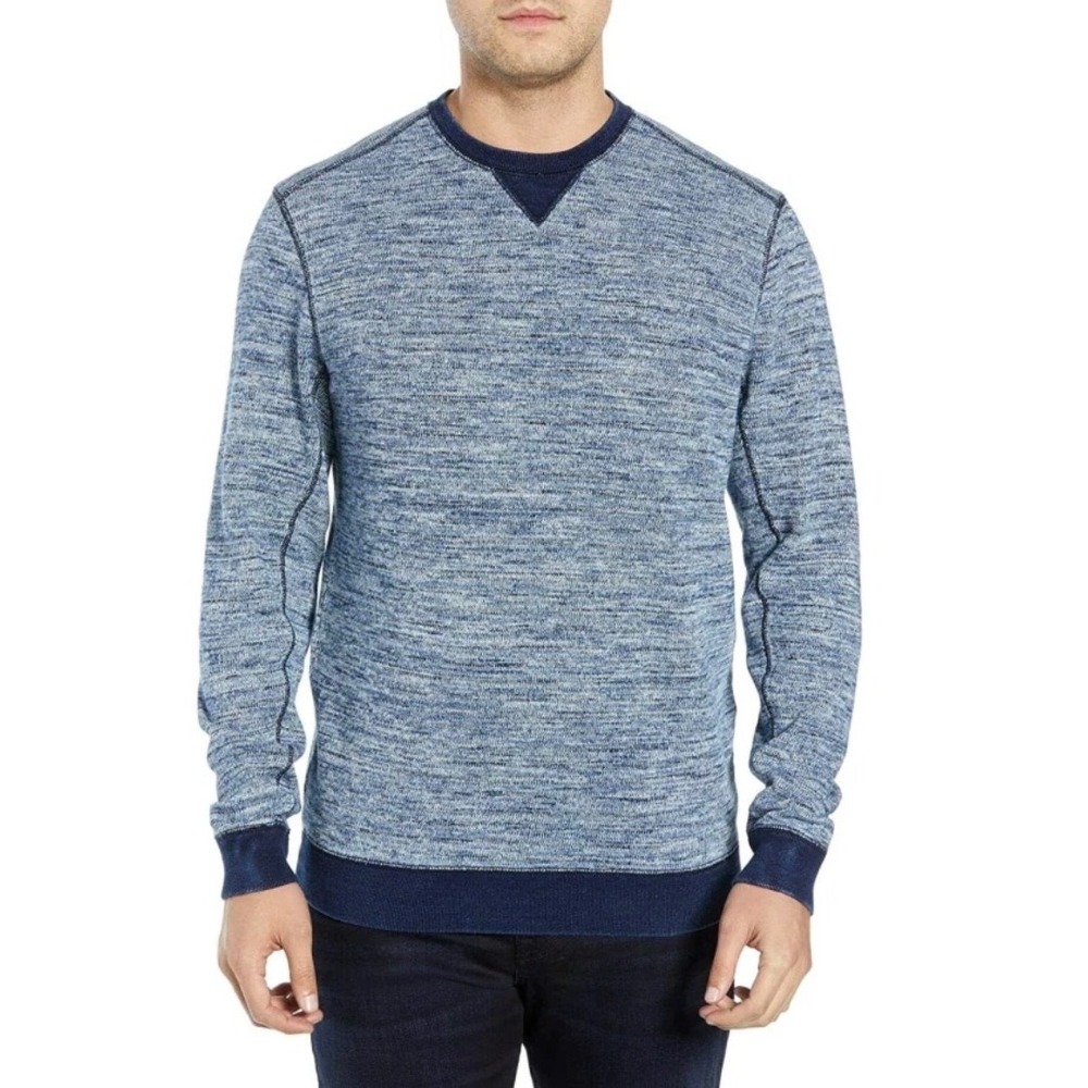 Tommy Bahama 100% Cotton Sweater Blue Marled Knit Pullover Crewneck L Nautical